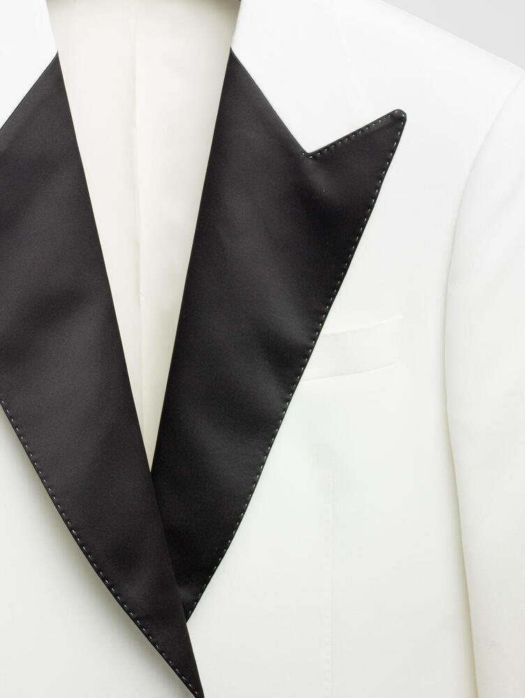 Solid Cream Wool Tuxedo Jacket with Black Satin Lapel for Men - Surmesur