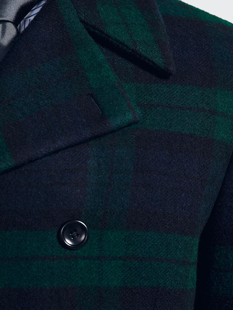 green and black checkered wool coat